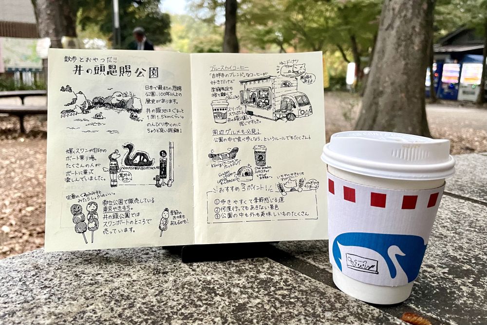 ブルースカイコーヒーのカップ、今回の記事の内容をまとめたイラスト入りのノートが井の頭公園を背景に写っている。