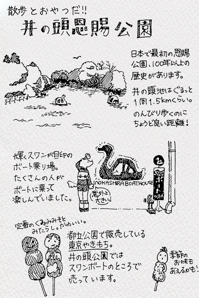 井の頭公園、スワンボートのりば、東京やきもちのノートに書かれたイラスト