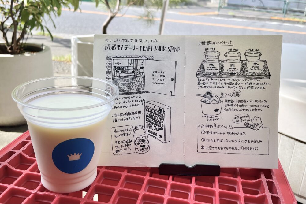 今回の記事の内容をまとめたイラスト入りのノートと武蔵野デーリーのミルク。