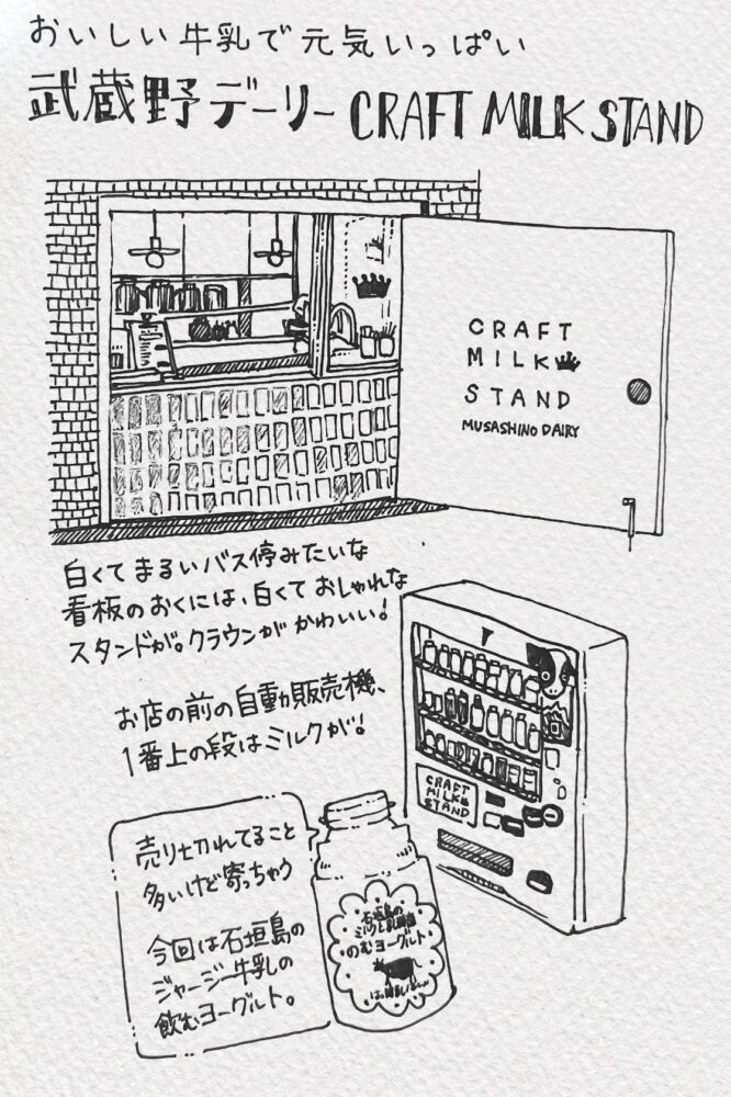 武蔵野デーリーさんの外装のイラスト、外に設置されている自動販売機と自動販売機で販売されているクラフトミルクの石垣島ジャージー牛乳飲むヨーグルトのイラスト。
