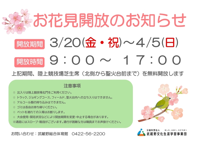 春の訪れを感じられるお花見スポット 武蔵野陸上競技場を期間限定で無料公開！